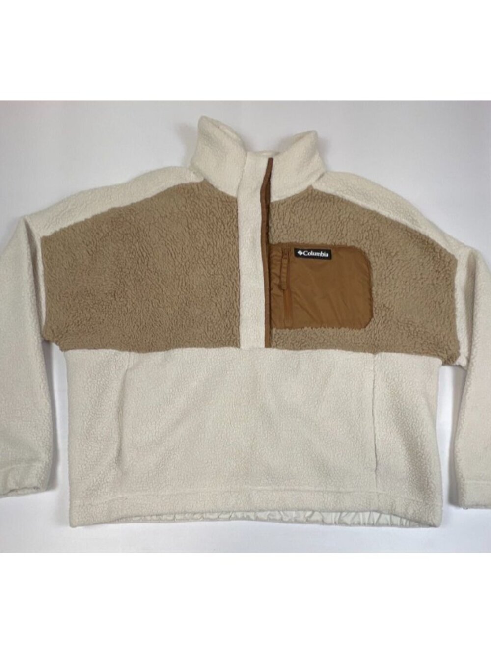 Columbia Men XL Cream Tan Sherpa Fleece Quarter Snap Pullover Jacket Pocket